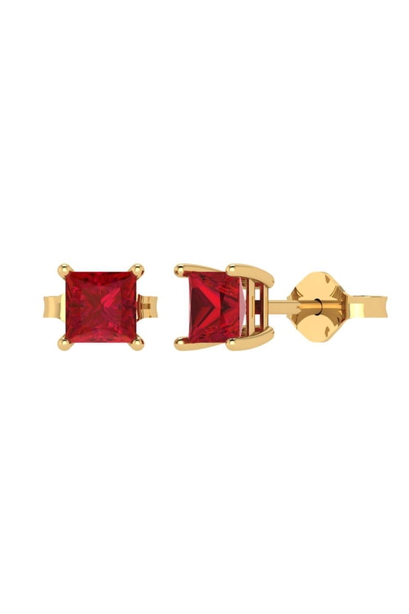 1Ct Ruby Princess Cut VVS1 Push Back Stud 14k Solid hypoallergenic Gold Designer Earrings For July