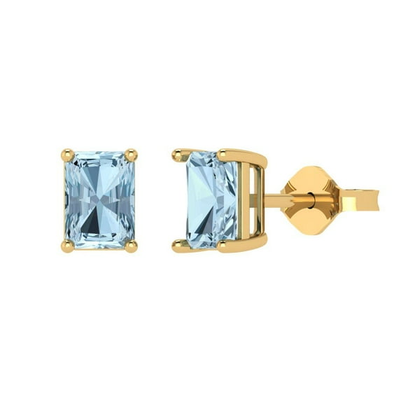 2 ct Push-Back Stud Earrings for Women | 7x5mm Emerald Cut Natural Aquamarine | 18K Yellow Gold