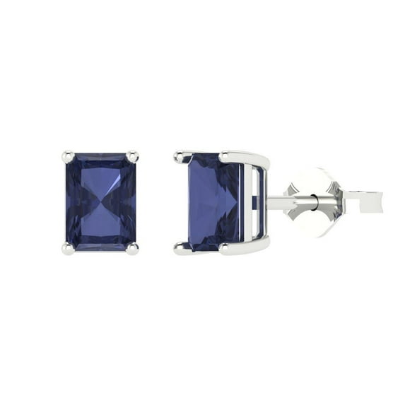 2 ct Push-Back Stud Earrings for Women | 7x5mm Emerald Cut Simulated Blue Sapphire | 18K White Gold