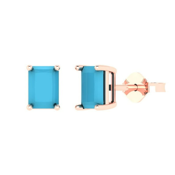2 ct Push-Back Stud Earrings for Women | 7x5mm Emerald Cut Simulated Turquoise | 18K Rose Gold
