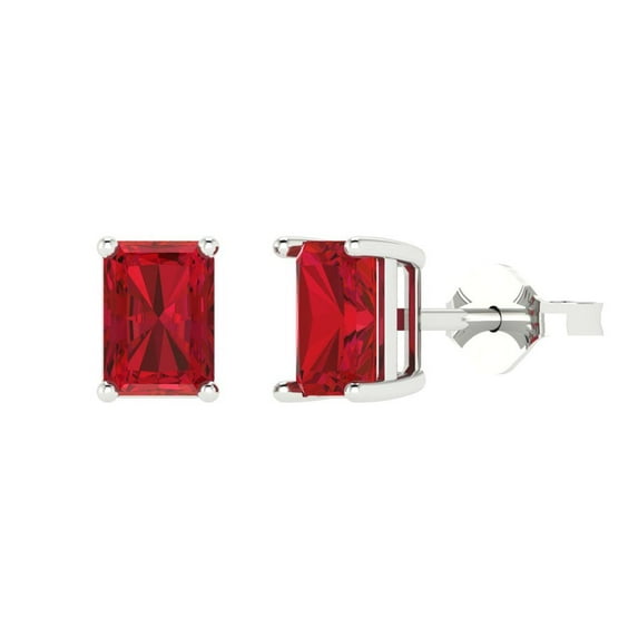 2 ct Push-Back Stud Earrings for Women | 7x5mm Emerald Cut Simulated Pink Tourmaline | 18K White Gold