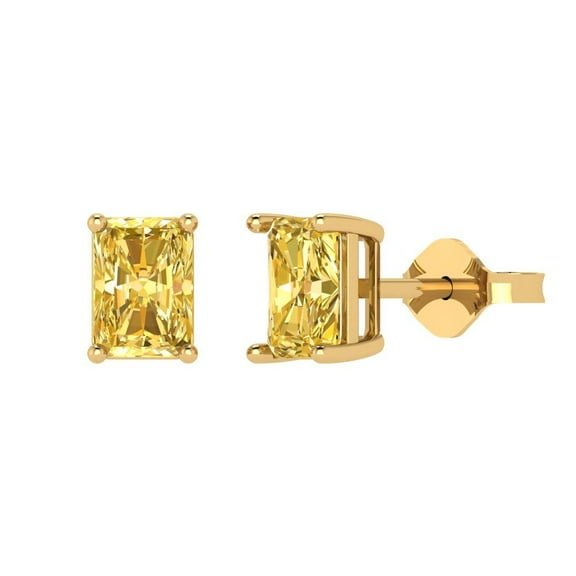 2 ct Push-Back Stud Earrings for Women | 7x5mm Emerald Cut Simulated Yellow Diamond | 18K Yellow Gold