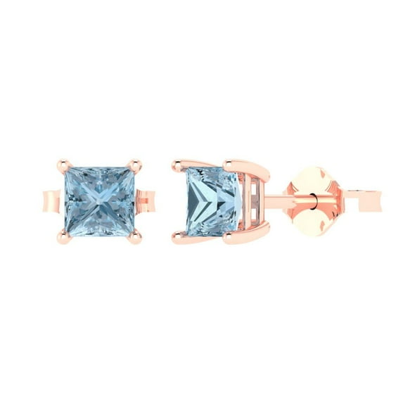 2 ct Push-Back Stud Earrings for Women | 5.5mm Princess Cut Natural Aquamarine | 18K Rose Gold