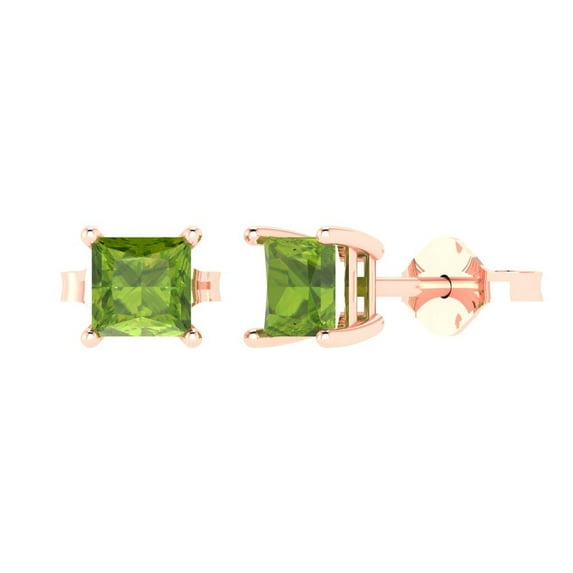 2 ct Push-Back Stud Earrings for Women | 5.5mm Princess Cut Natural Peridot | 18K Rose Gold