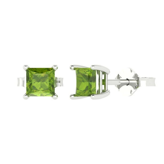 2 ct Push-Back Stud Earrings for Women | 5.5mm Princess Cut Natural Peridot | 18K White Gold