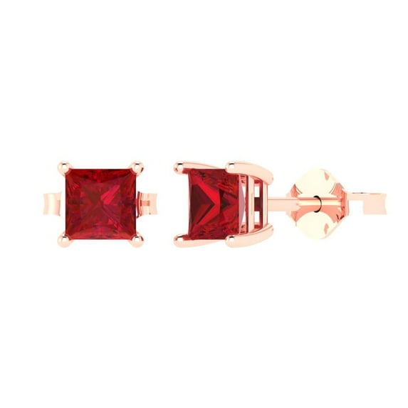 2 ct Push-Back Stud Earrings for Women | 5.5mm Princess Cut Simulated Ruby | 18K Rose Gold