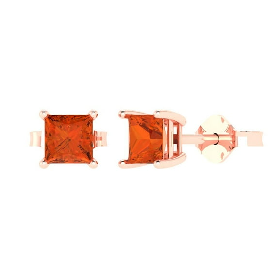 14K Solid Gold Push Back Stud Earrings for Women | 2 cttw Princess Cut Simulated Red Diamond | Rose Gold