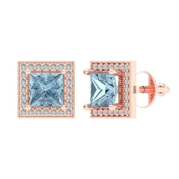2.24 ct Screw-Back Stud Earrings for Women | 5.5mm Princess Cut Natural Swiss Blue Topaz | 18K Rose Gold