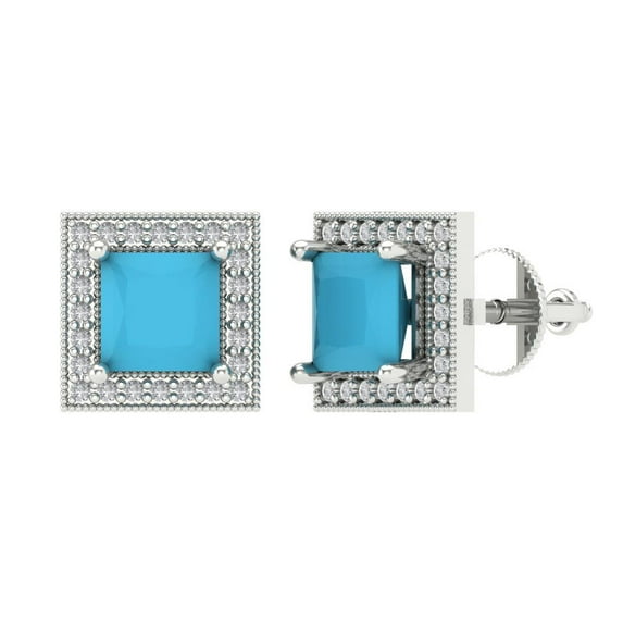 14K Solid Gold Screw Back Stud Earrings for Women | 2.24 cttw Princess Cut Simulated Turquoise | White Gold