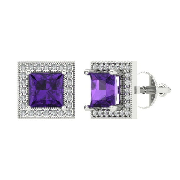 2.24 ct Screw-Back Stud Earrings for Women | 5.5mm Princess Cut Natural Amethyst | 18K White Gold