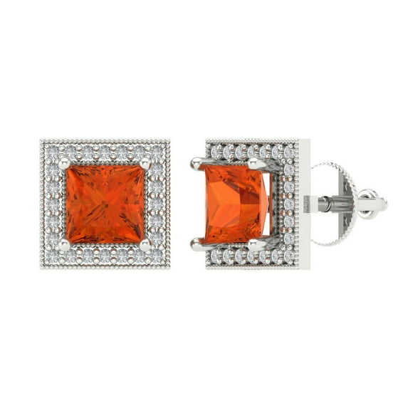 Clara Pucci 2.24 ct Brilliant Princess Cut Halo Studs VVS1 Genuine Conflict free Red Zircon Solid 18K White Gold Designer Everyday Earrings Screw back