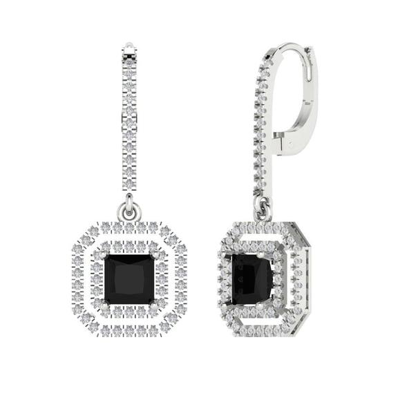 2.8174 ct Lever-Back Drop Dangle Earrings for Women | 5.5mm Princess Cut Natural Onyx | 18K White Gold