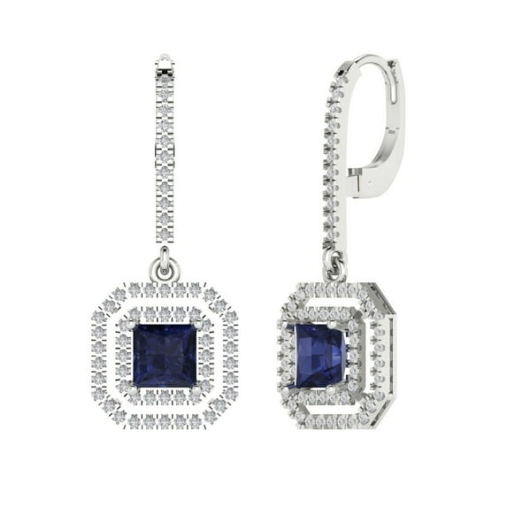 2.8174 ct Lever-Back Drop Dangle Earrings for Women | 5.5mm Princess Cut Simulated Blue Sapphire | 18K White Gold