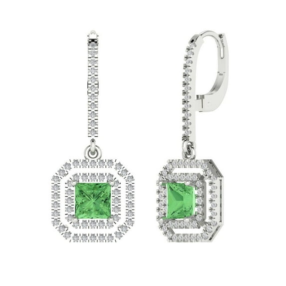 2.8174 ct Lever-Back Drop Dangle Earrings for Women | 5.5mm Princess Cut Simulated Green Diamond | 18K White Gold