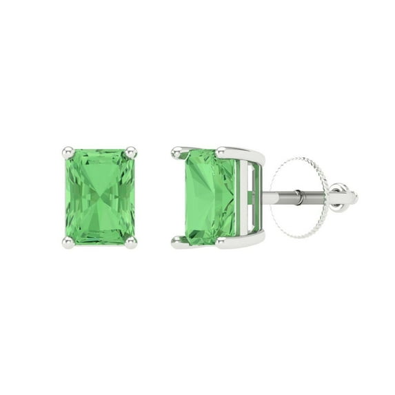 14K Solid Gold Screw Back Stud Earrings for Women | 2 cttw Emerald Cut Simulated Green Diamond | White Gold