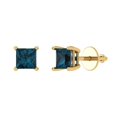 thumbnail image 1 of 14K Solid Gold Screw Back Stud Earrings for Women | 2 cttw Princess Cut Natural London Blue Topaz | Yellow Gold, 1 of 5