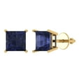 thumbnail image 1 of 14K Solid Gold Screw Back Stud Earrings for Women | 2 cttw Princess Cut Simulated Blue Sapphire | Yellow Gold, 1 of 4