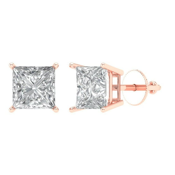 2 ct Screw-Back Stud Earrings for Women | 5.5mm Princess Cut Simulated Diamond | 18K Rose Gold