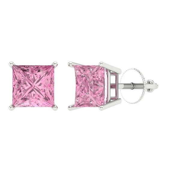 2 ct Screw-Back Stud Earrings for Women | 5.5mm Princess Cut Simulated Pink Diamond | 18K White Gold