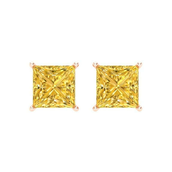2 ct Screw-Back Stud Earrings for Women | 5.5mm Princess Cut Simulated Yellow Diamond | 18K Rose Gold
