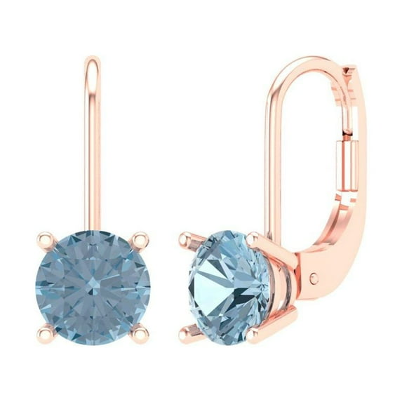 2 ct Lever-Back Drop Dangle Earrings for Women | 6.5mm Round Cut Natural Aquamarine | 18K Rose Gold