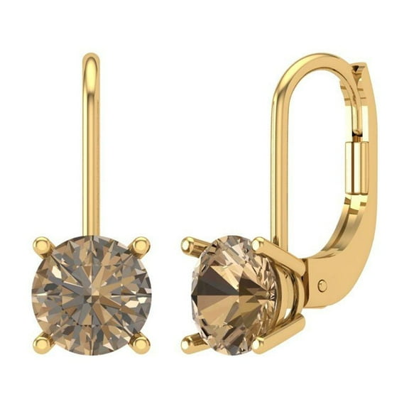 2 ct Lever-Back Drop Dangle Earrings for Women | 6.5mm Round Cut Simulated Champagne Diamond | 18K Yellow Gold