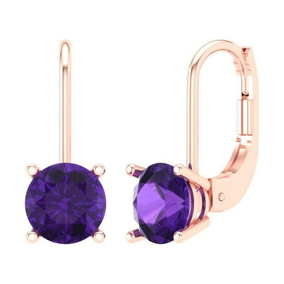 2 ct Lever-Back Drop Dangle Earrings for Women | 6.5mm Round Cut Natural Amethyst | 18K Rose Gold