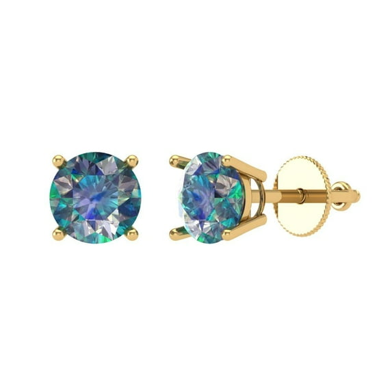 2 ct Screw-Back Stud Earrings for Women | 6.5mm Round Cut Blue Moissanite | 18K Yellow Gold