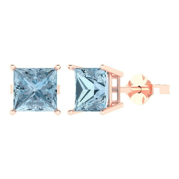 3 ct Push-Back Stud Earrings for Women | 6.5mm Princess Cut Simulated Blue Diamond | 18K Rose Gold