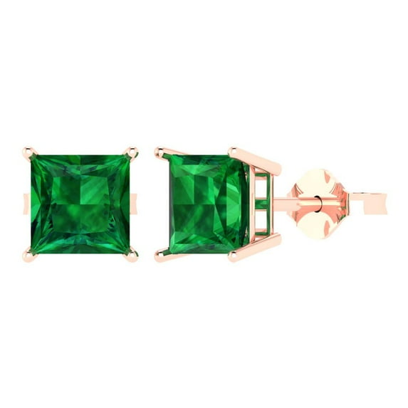 3 ct Push-Back Stud Earrings for Women | 6.5mm Princess Cut Simulated Emerald | 18K Rose Gold