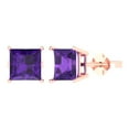 thumbnail image 1 of 3 ct Push-Back Stud Earrings for Women | 6.5mm Princess Cut Natural Amethyst | 18K Rose Gold, 1 of 5
