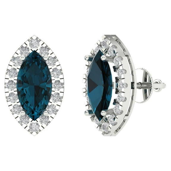 3.8 ct Screw-Back Stud Earrings for Women | 12X6mm Marquise Cut Natural London Blue Topaz | 18K White Gold