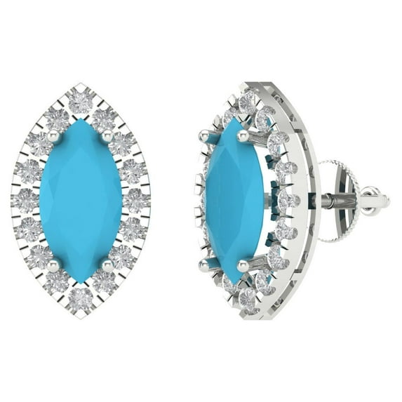 14K Solid Gold Screw Back Stud Earrings for Women | 3.8 cttw Marquise Cut Simulated Turquoise | White Gold
