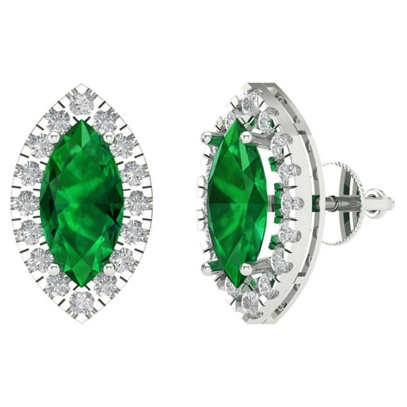 3.8 ct Screw-Back Stud Earrings for Women | 12X6mm Marquise Cut Simulated Emerald | 18K White Gold