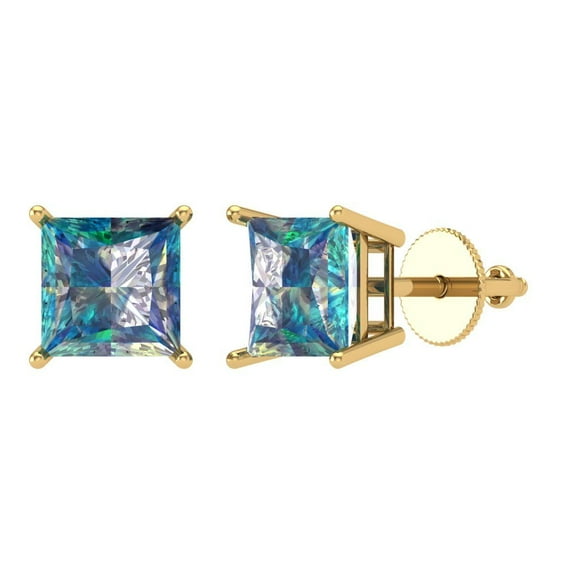 14K Solid Gold Screw Back Stud Earrings for Women | 3 cttw Princess Cut Blue Moissanite | Yellow Gold