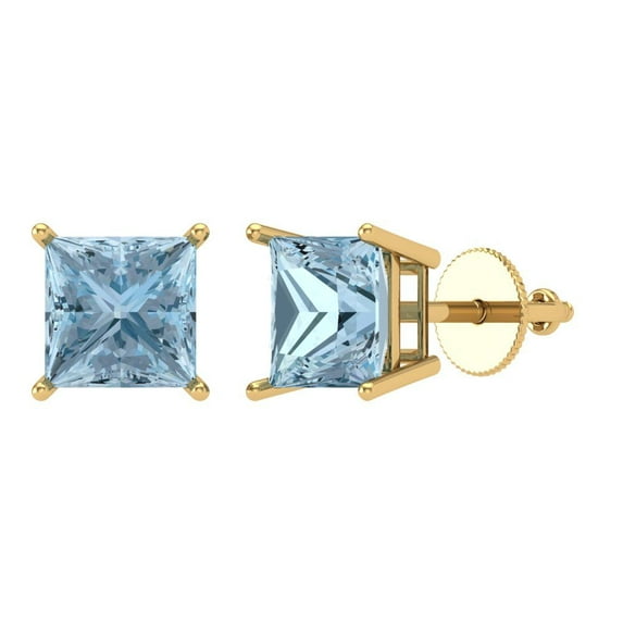 3 ct Screw-Back Stud Earrings for Women | 6.5mm Princess Cut Natural Sky Blue Topaz | 18K Yellow Gold