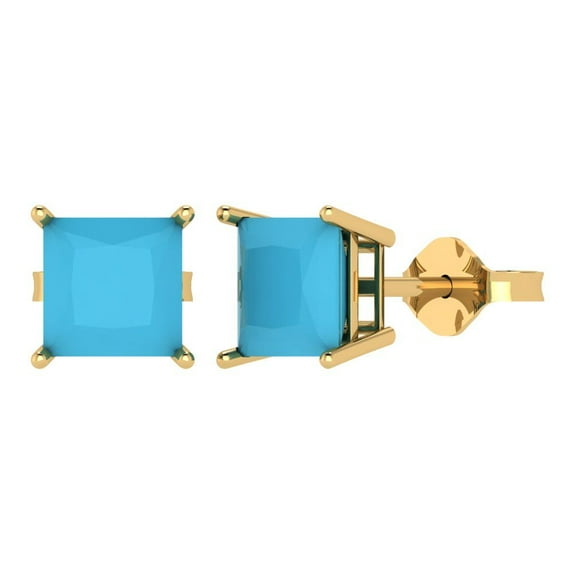 3 ct Push-Back Stud Earrings for Women | 6.5mm Princess Cut Simulated Turquoise | 18K Yellow Gold