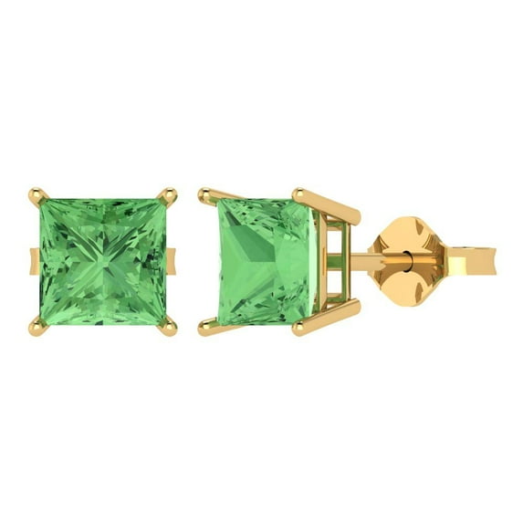 3 ct Push-Back Stud Earrings for Women | 6.5mm Princess Cut Simulated Green Diamond | 18K Yellow Gold