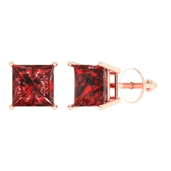 3 ct Screw-Back Stud Earrings for Women | 6.5mm Princess Cut Natural Garnet | 18K Rose Gold