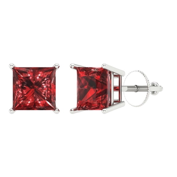 3 ct Screw-Back Stud Earrings for Women | 6.5mm Princess Cut Natural Garnet | 18K White Gold