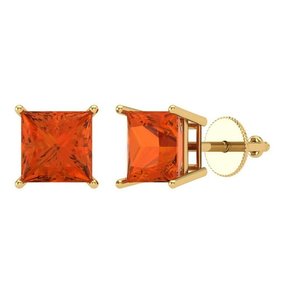 3 ct Screw-Back Stud Earrings for Women | 6.5mm Princess Cut Simulated Red Diamond | 18K Yellow Gold
