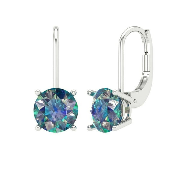 3 ct Lever-Back Drop Dangle Earrings for Women | 7.5mm Round Cut Blue Moissanite | 18K White Gold