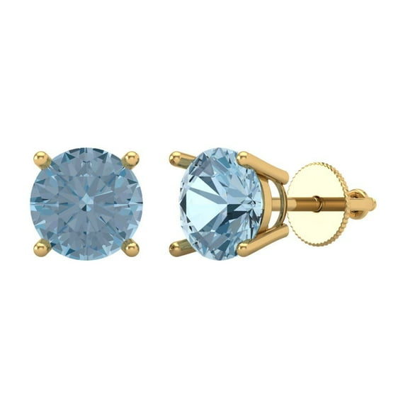 3 ct Screw-Back Stud Earrings for Women | 7.5mm Round Cut Natural Aquamarine | 18K Yellow Gold
