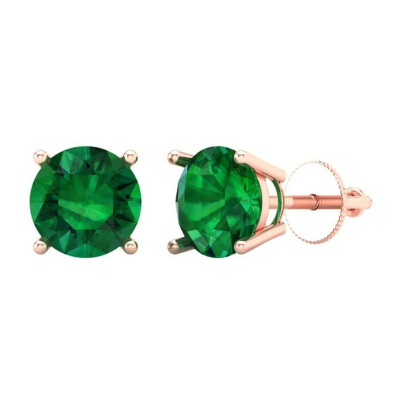 14K Solid Gold Screw Back Stud Earrings for Women | 3 cttw Round Cut Simulated Emerald | Rose Gold