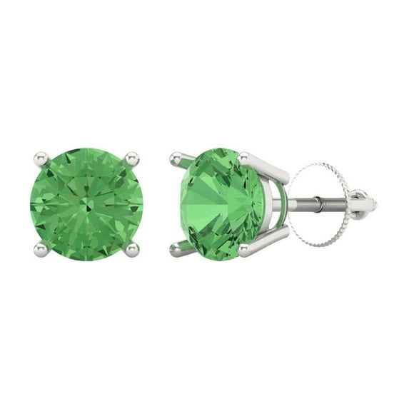 14K Solid Gold Screw Back Stud Earrings for Women | 3 cttw Round Cut Simulated Green Diamond | White Gold