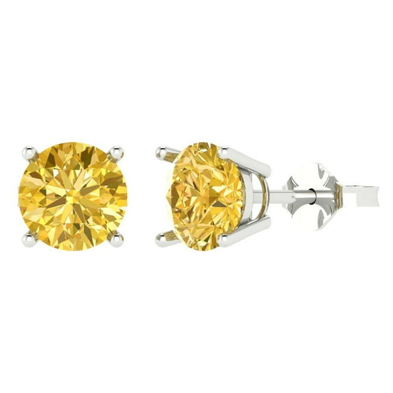 3 ct Push-Back Stud Earrings for Women | 7.5mm Round Cut Natural Citrine | 18K White Gold