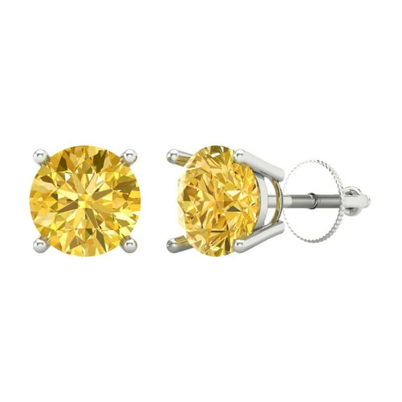 14K Solid Gold Screw Back Stud Earrings for Women | 3 cttw Round Cut Simulated Yellow Diamond | White Gold