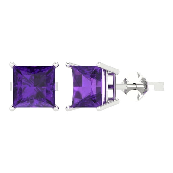 Clara Pucci 3Ct Natural Amethyst Princess Cut VVS1 Push Back Stud 14k Solid hypoallergenic Gold Designer Earrings For February