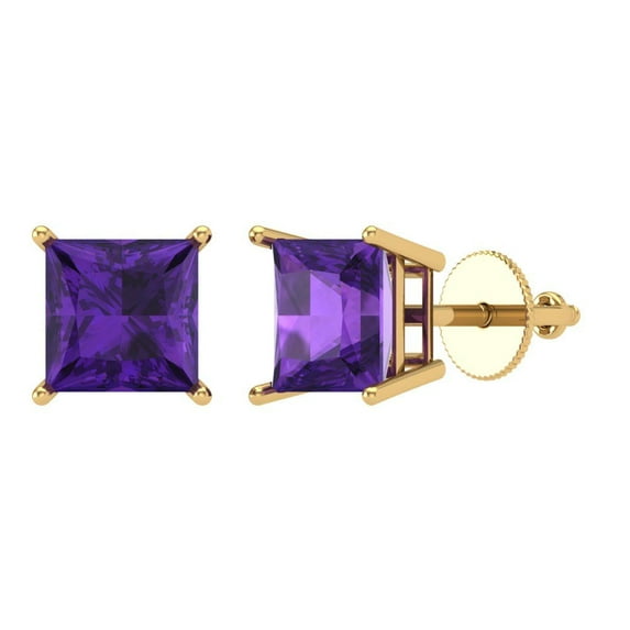Clara Pucci 3Ct Natural Amethyst Princess Cut VVS1 Screw Back Stud 14k Solid hypoallergenic Gold Designer Earrings For February