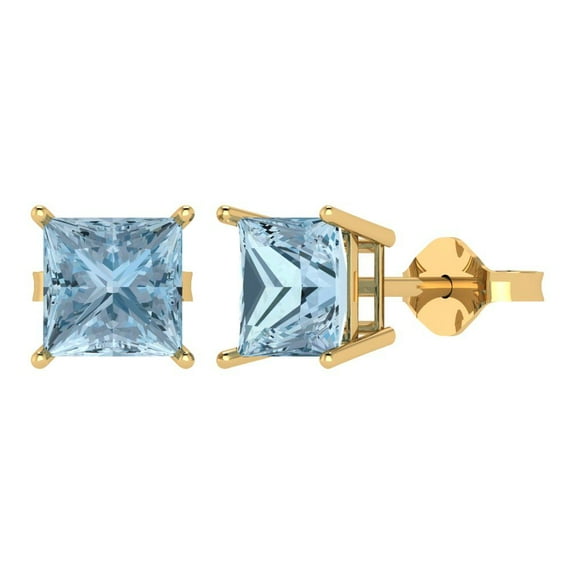 Clara Pucci 3Ct Natural Aquamarine Princess Cut VVS1 Push Back Stud 14k Solid hypoallergenic Gold Designer Earrings For March